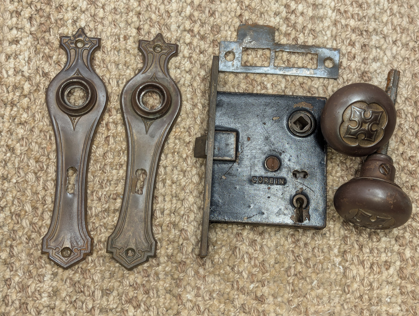 Antique Corbin #770 Interior Mortise Lock, Steel Door Knobs, Door Knob Plates & Strike Plate