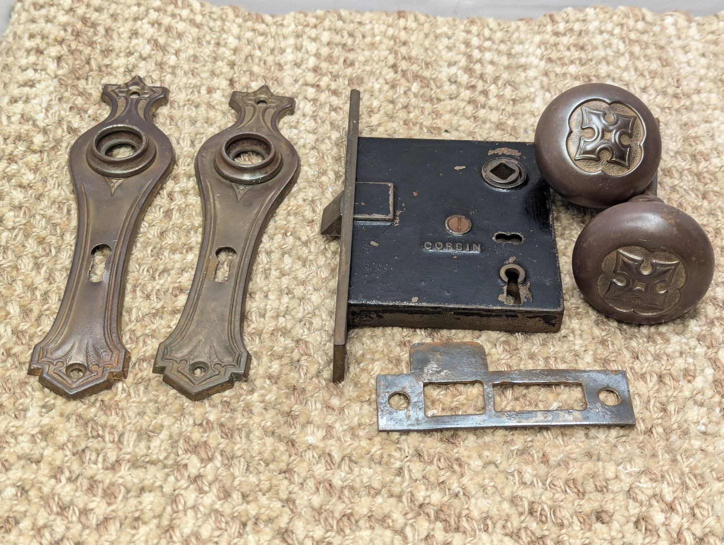 Antique Corbin #770 Interior Mortise Lock, Steel Door Knobs, Door Knob Plates & Strike Plate