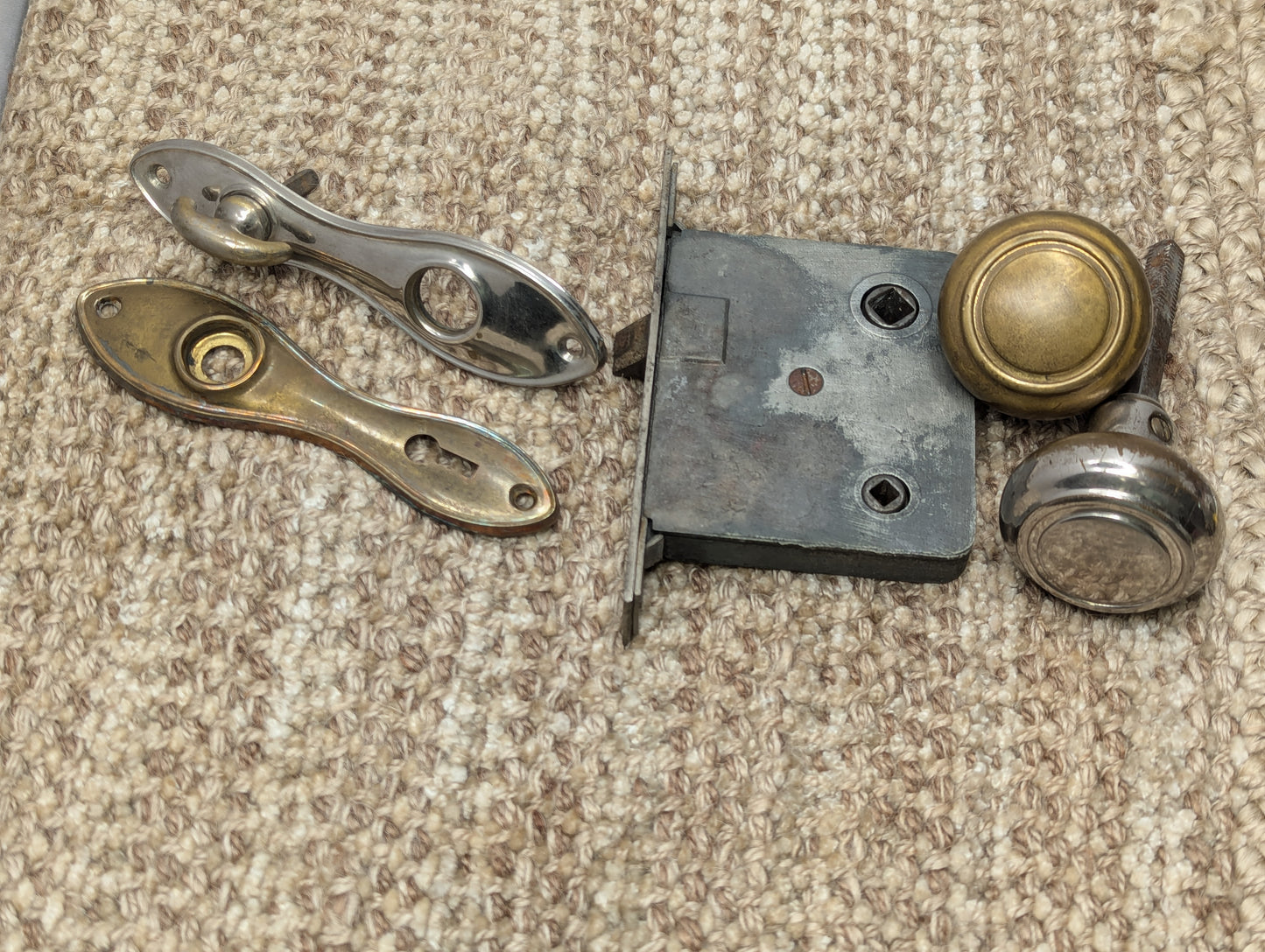 Antique Passage Mortise Lock, Brass Door Knobs & Door Knob Plate W/Thumb Turn