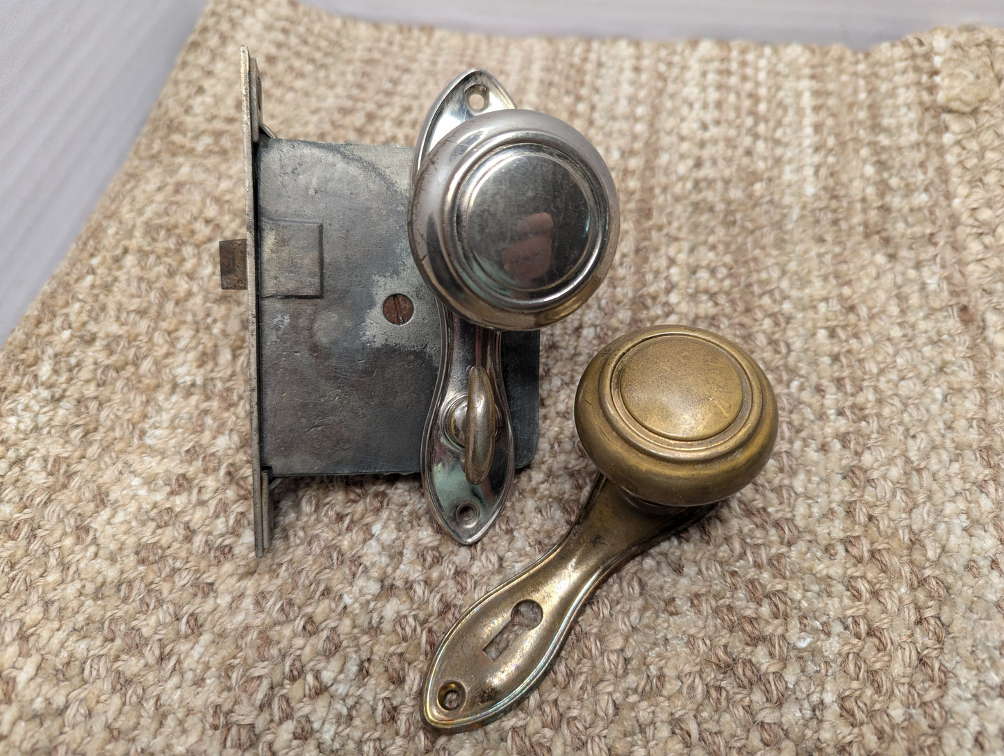 Antique Passage Mortise Lock, Brass Door Knobs & Door Knob Plate W/Thumb Turn