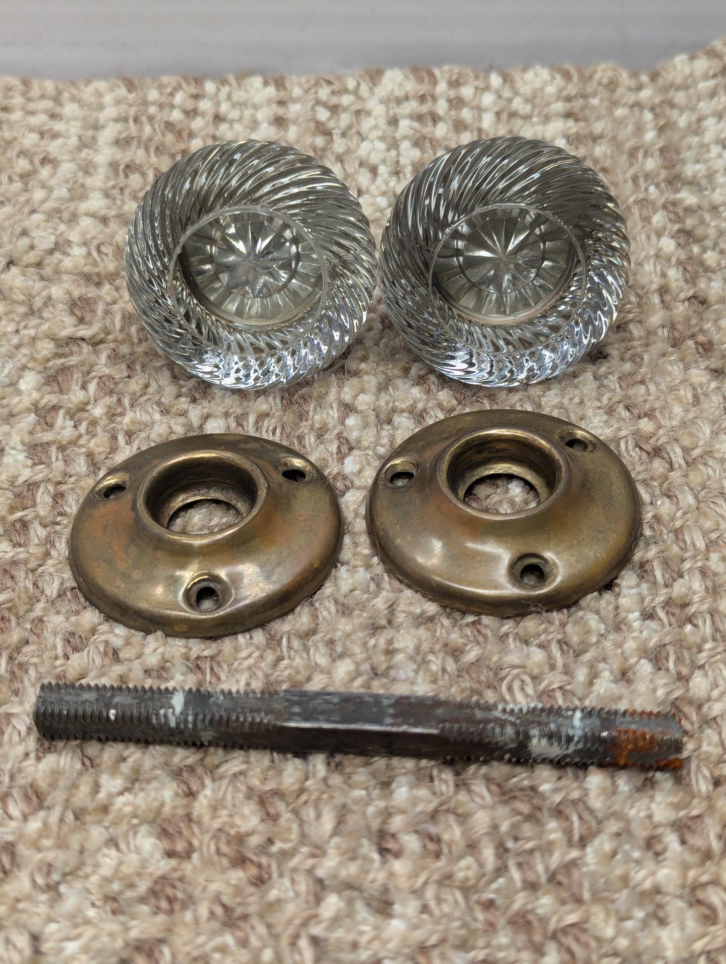 Antique Spiral Glass Door Knobs & Brass Rosettes