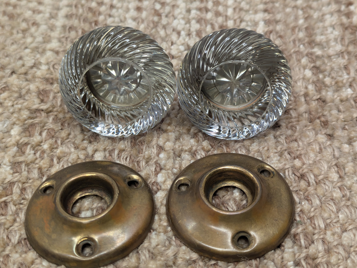 Antique Spiral Glass Door Knobs & Brass Rosettes