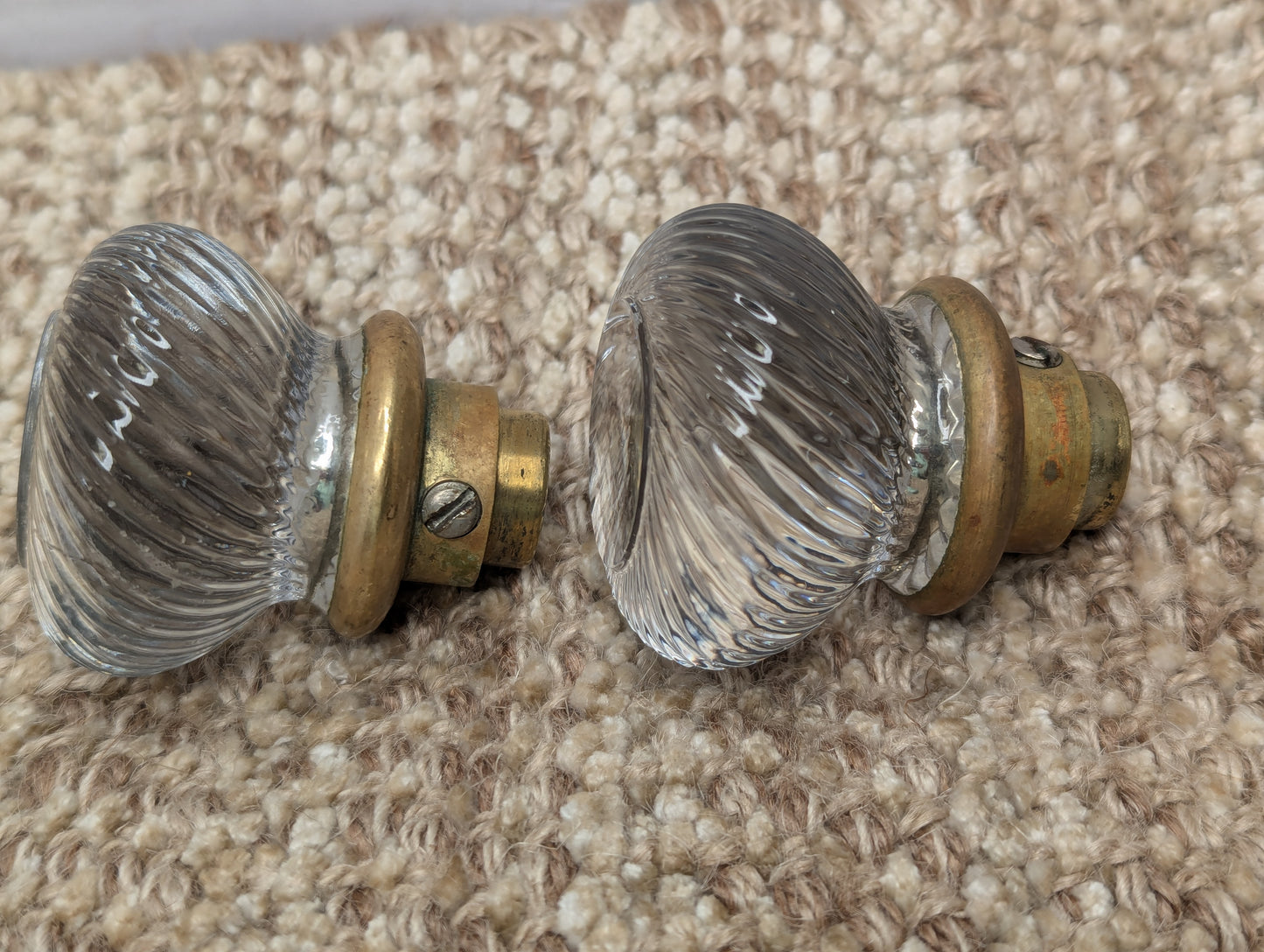 Antique Spiral Glass Door Knobs & Brass Rosettes