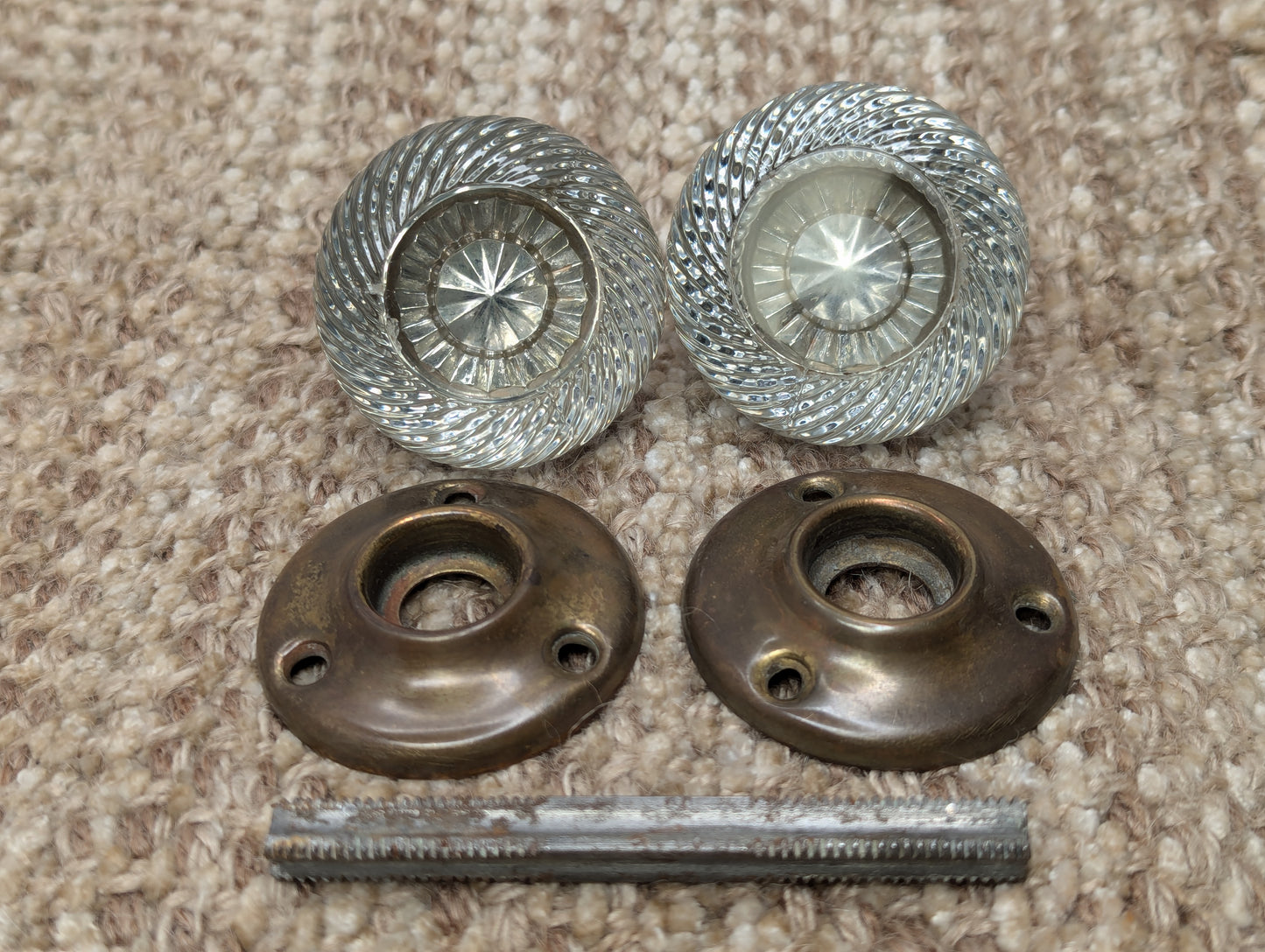 Antique Spiral Glass Door Knobs & Brass Rosettes