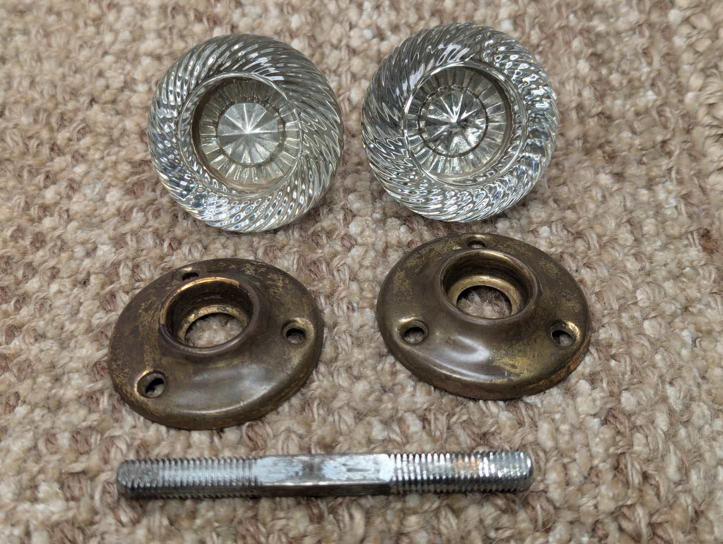 Antique Spiral Glass Door Knobs & Brass Rosettes