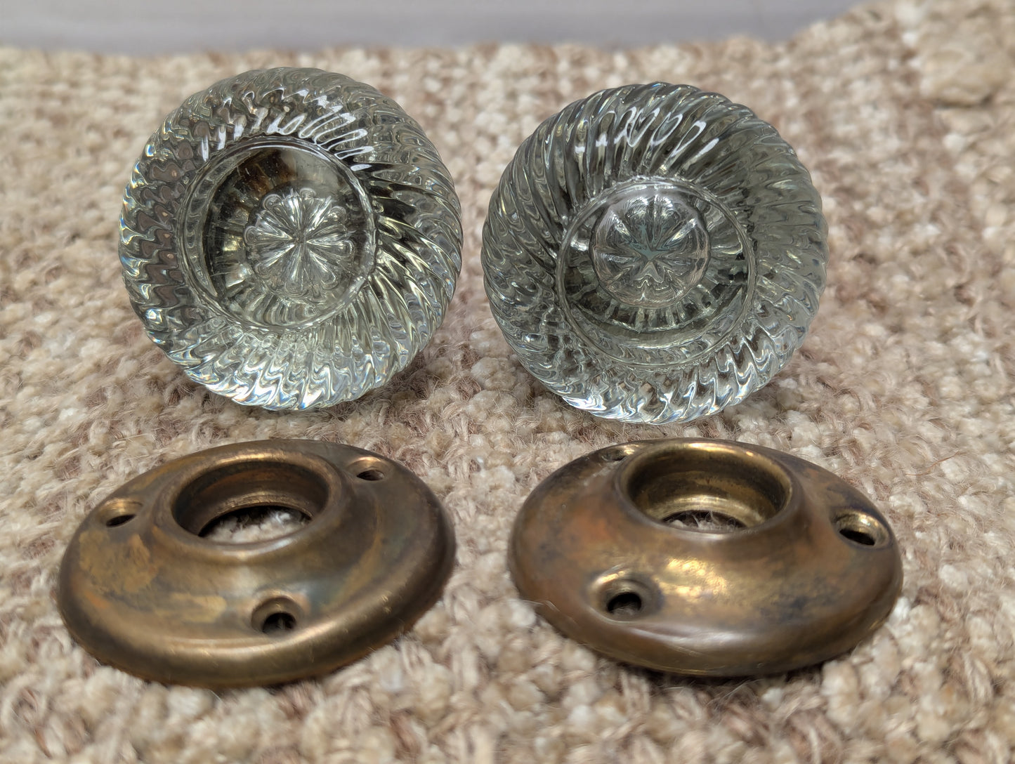 Antique Spiral Glass Door Knobs & Brass Rosettes