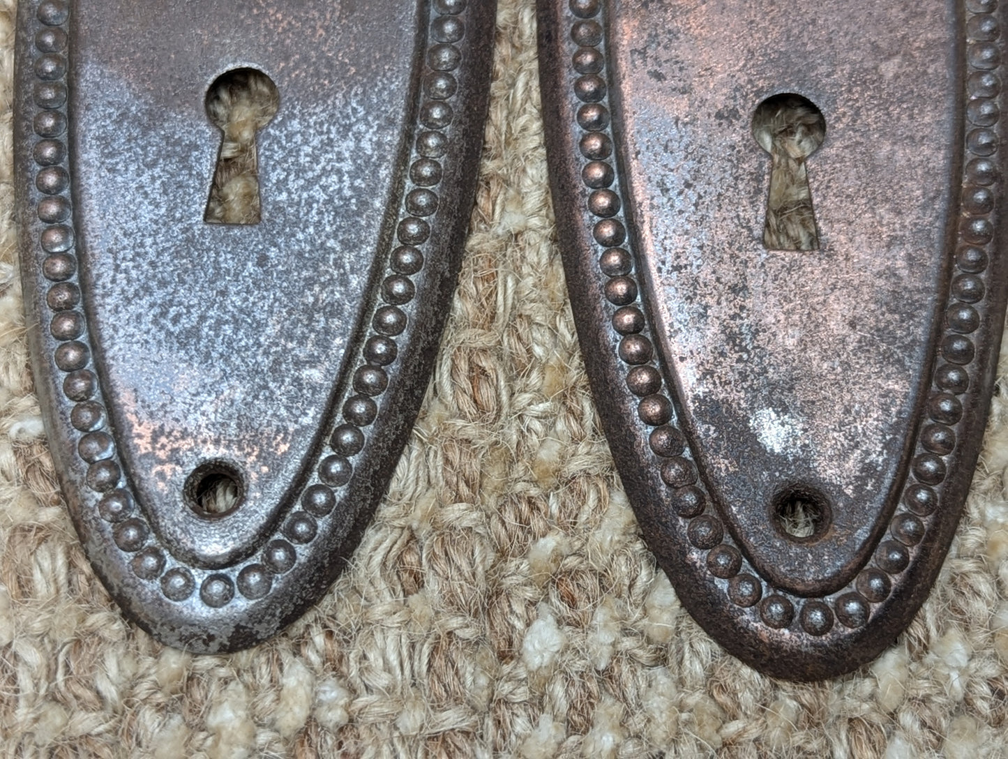 Pair Of 2 1/4" x 6 3/4" Antique Stamped Steel Door Knob Plates