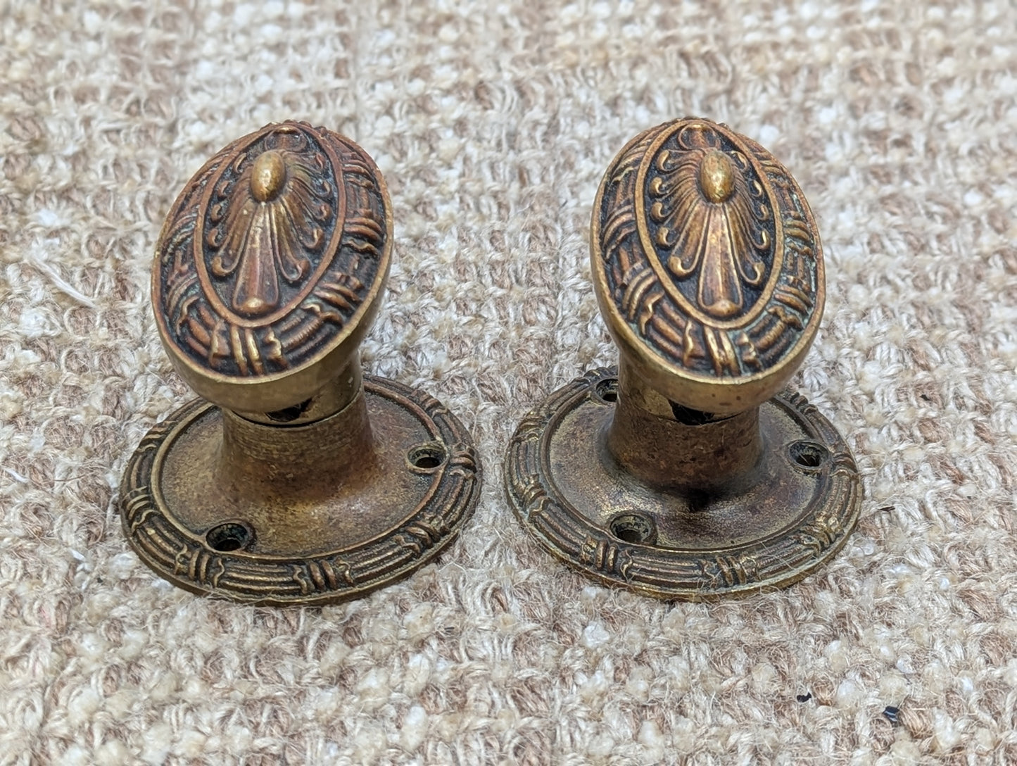 Antique Yale Cast Brass Oval Door Knob Set With Rosettes Circa 1899