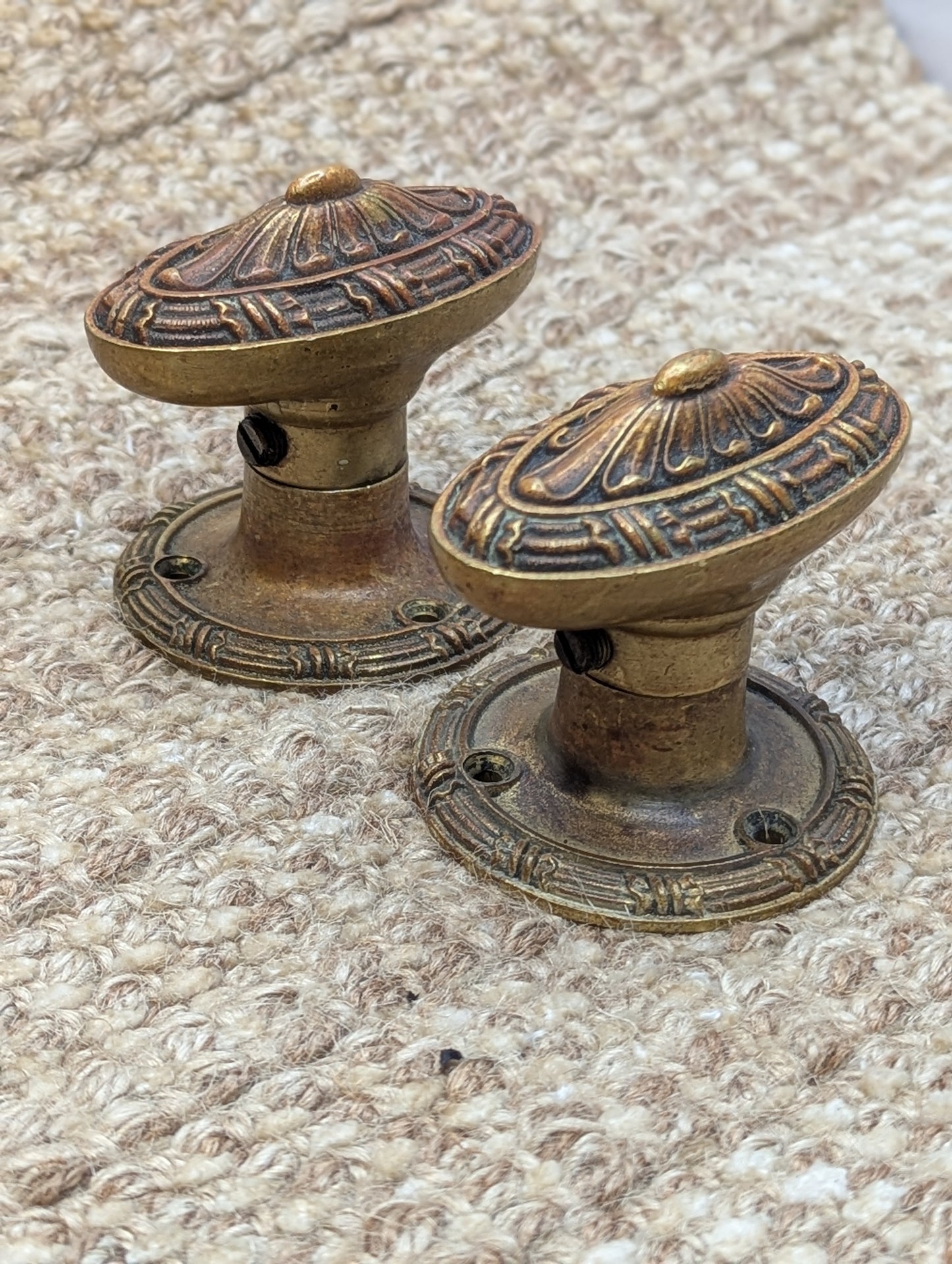 Antique Yale Cast Brass Oval Door Knob Set With Rosettes Circa 1899
