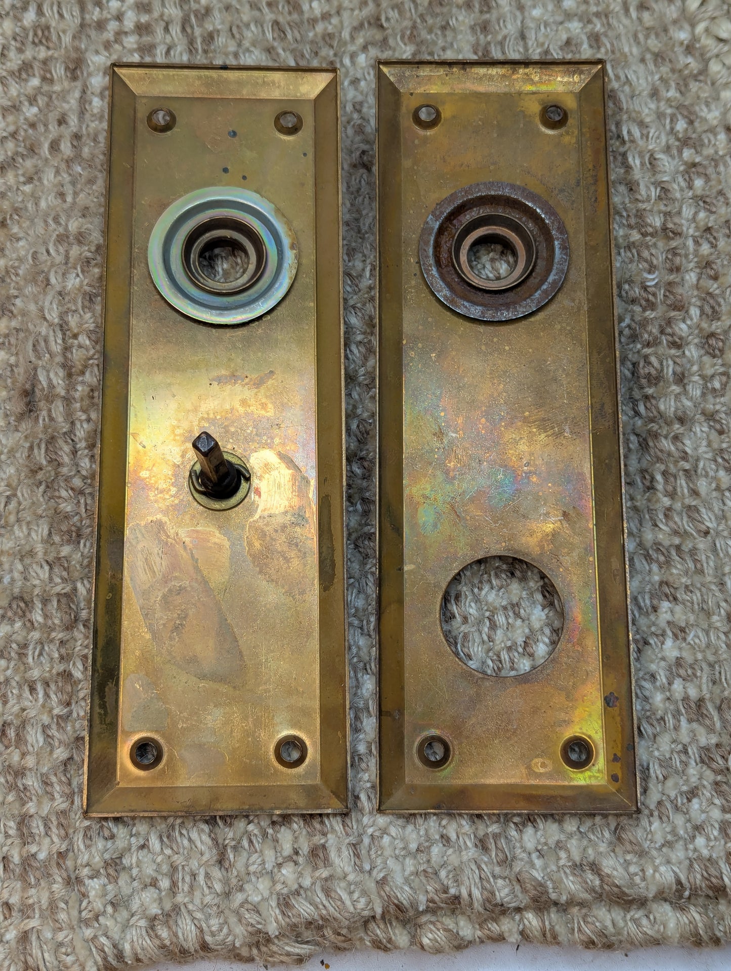 Antique Exterior Brass & Glass Door Knobs and Brass Door Plates W/Thumb Turn Set