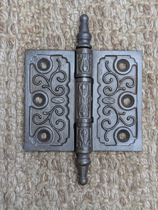 3 1/2" x 3" Antique Clark & Co Ornate Cast Iron Steeple Tip Hinge Door Hardware