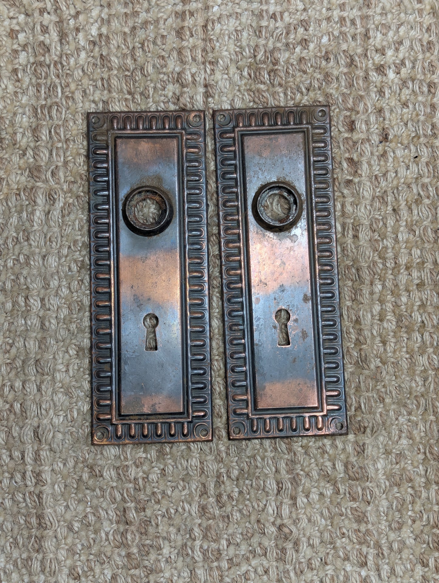 Pair of Antique 2 3/8" x 6 9/16" Egg & Dart Steel Door Knob Plates Door Hardware