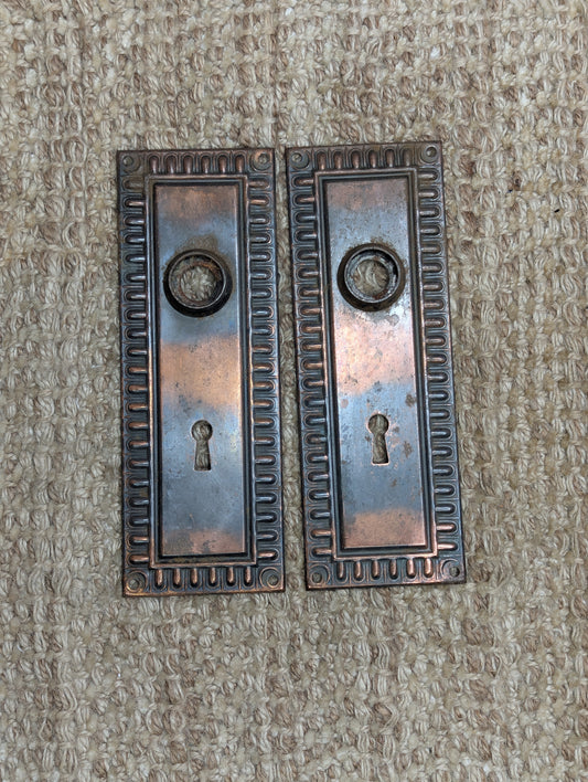 Pair of Antique 2 3/8" x 6 9/16" Egg & Dart Steel Door Knob Plates Door Hardware