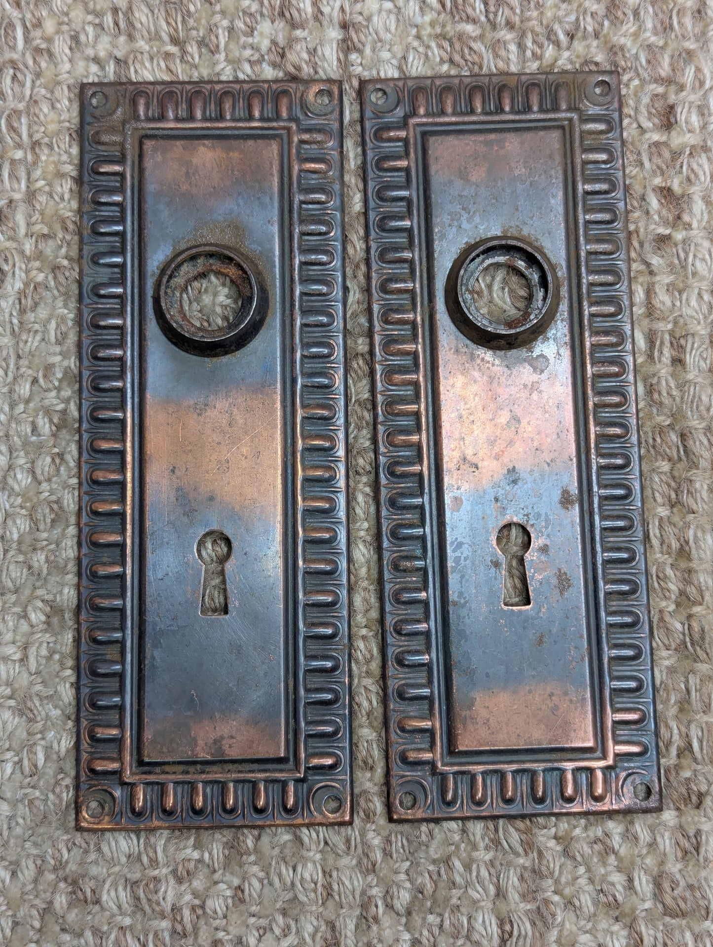 Pair of Antique 2 3/8" x 6 9/16" Egg & Dart Steel Door Knob Plates Door Hardware