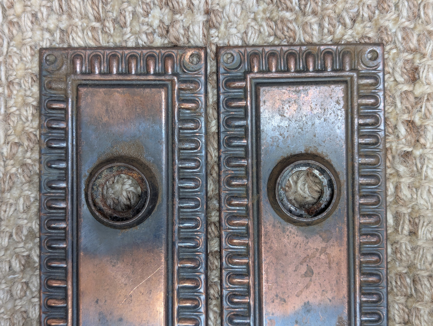 Pair of Antique 2 3/8" x 6 9/16" Egg & Dart Steel Door Knob Plates Door Hardware