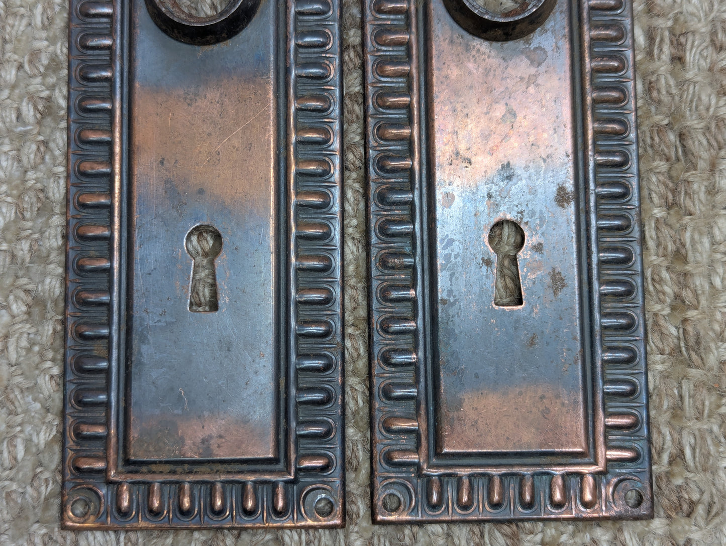 Pair of Antique 2 3/8" x 6 9/16" Egg & Dart Steel Door Knob Plates Door Hardware
