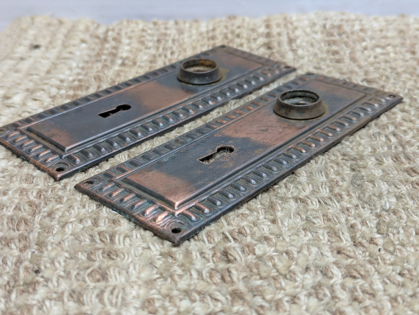 Pair of Antique 2 3/8" x 6 9/16" Egg & Dart Steel Door Knob Plates Door Hardware