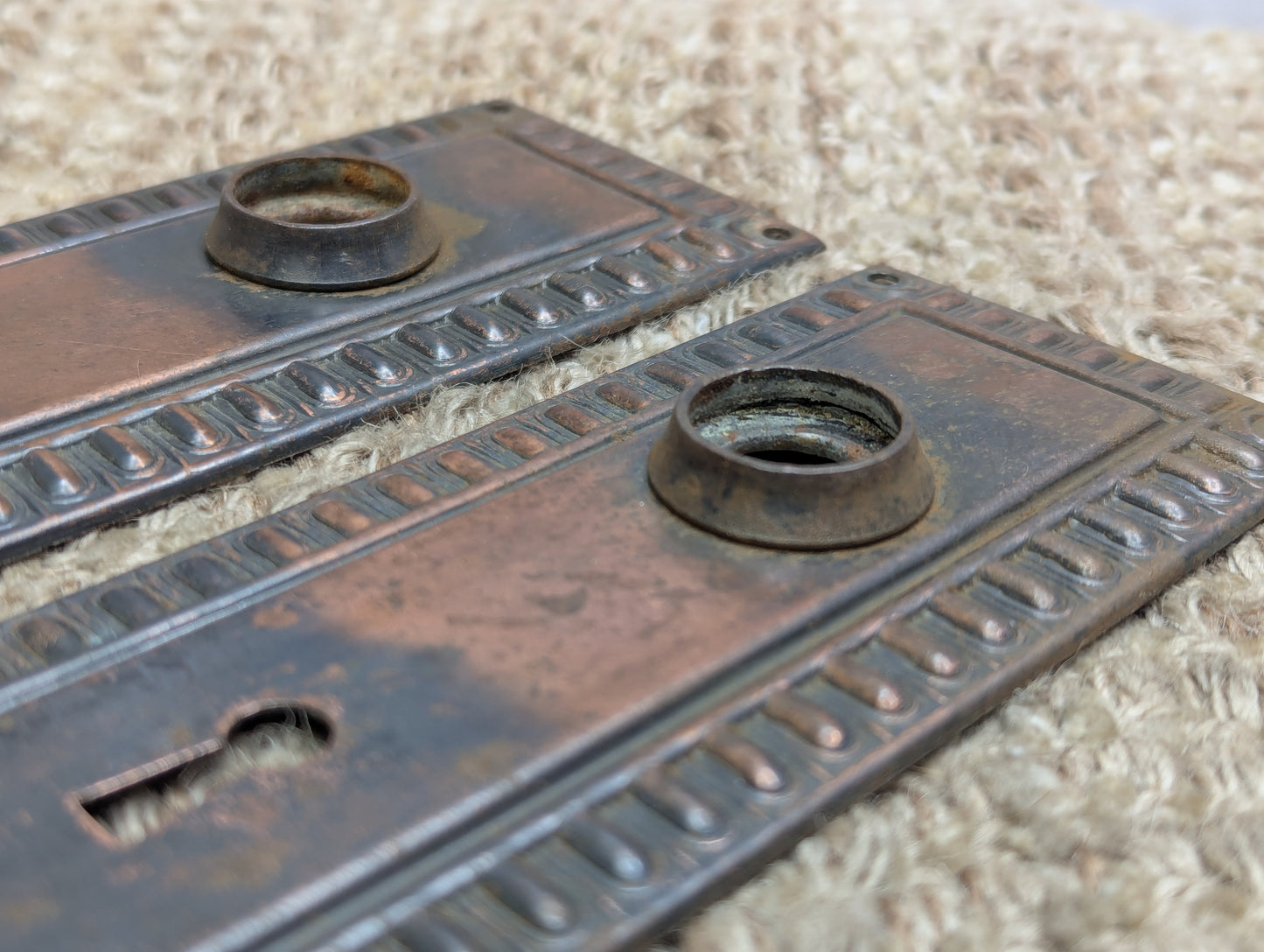 Pair of Antique 2 3/8" x 6 9/16" Egg & Dart Steel Door Knob Plates Door Hardware