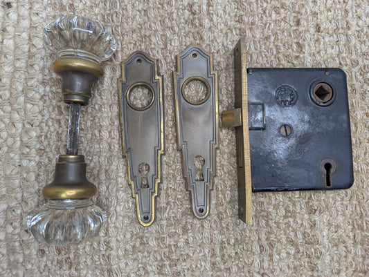 Antique Interior Mortise Lock #0290, Glass Door Knobs & Brass Door Knob Plates