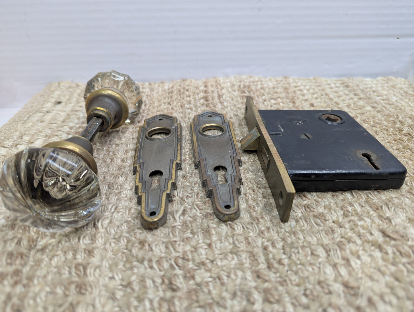 Antique Interior Mortise Lock #0290, Glass Door Knobs & Brass Door Knob Plates