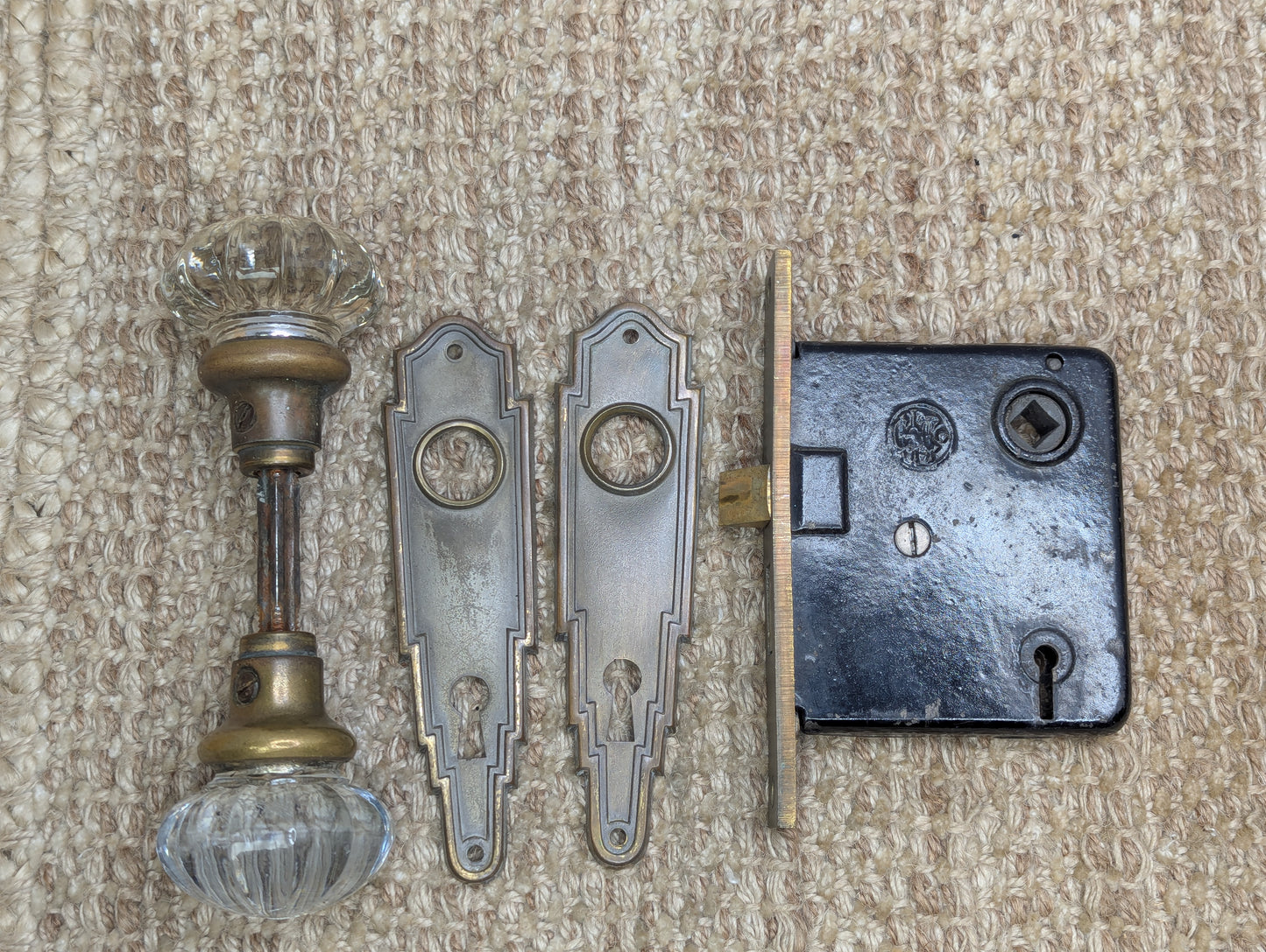 Antique Interior Mortise Lock #0290, Glass Door Knobs & Brass Door Knob Plates