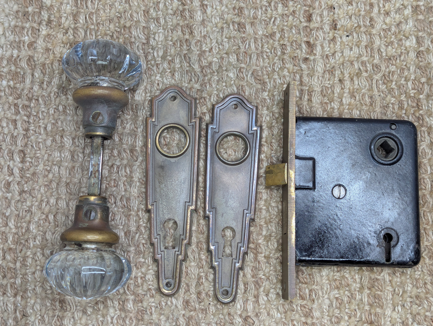 Antique Interior Mortise Lock #0290, Glass Door Knobs & Brass Door Knob Plates