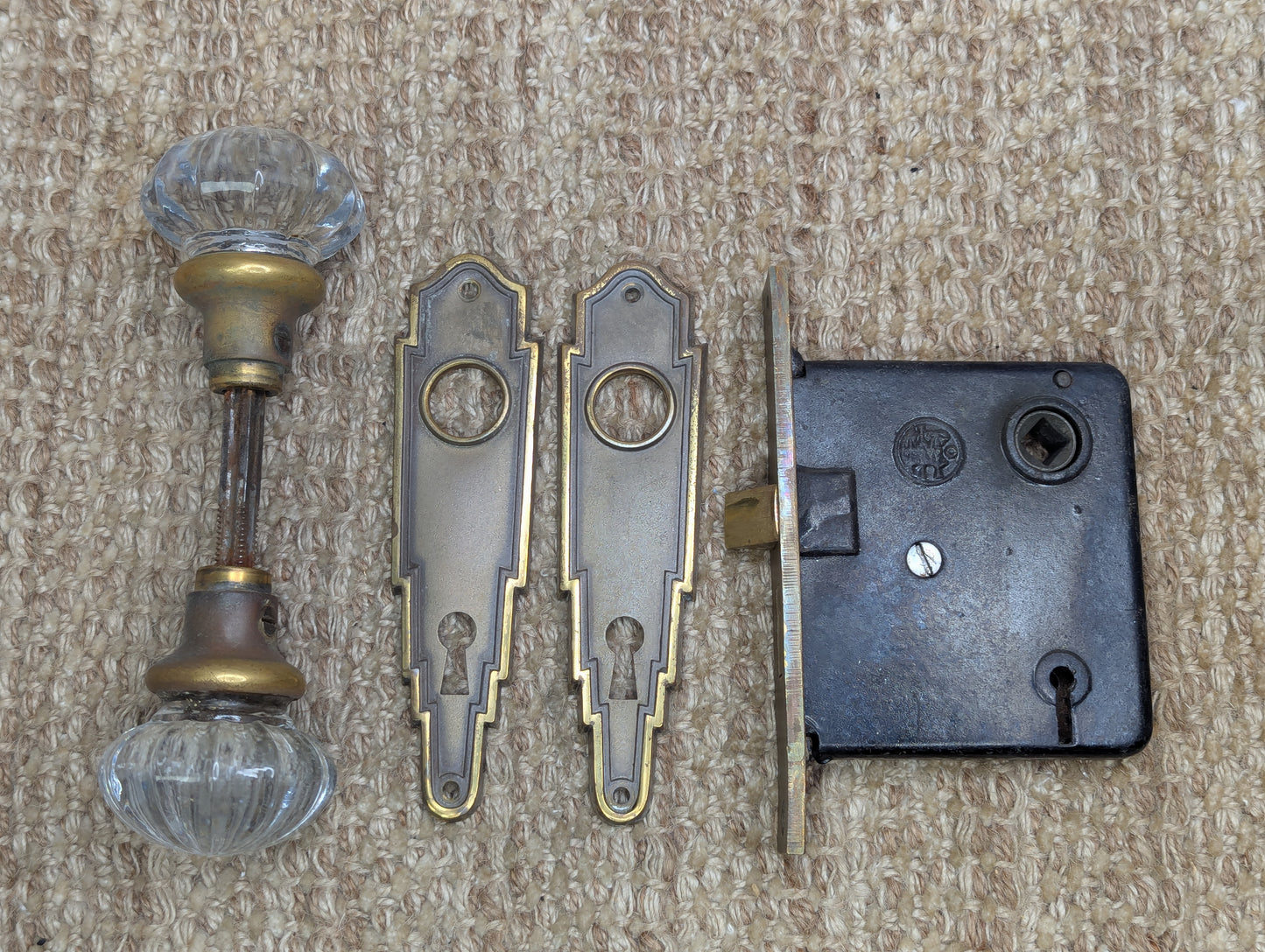 Antique Interior Mortise Lock #0290, Glass Door Knobs & Brass Door Knob Plates