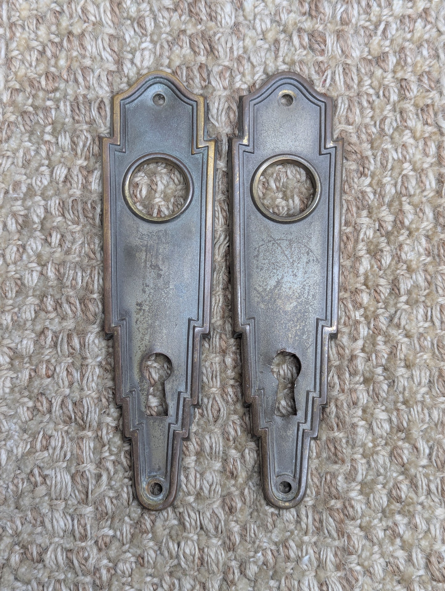 Pair of 2" x 5 1/2" Antique Stamped Brass Door Knob Plate Hardware