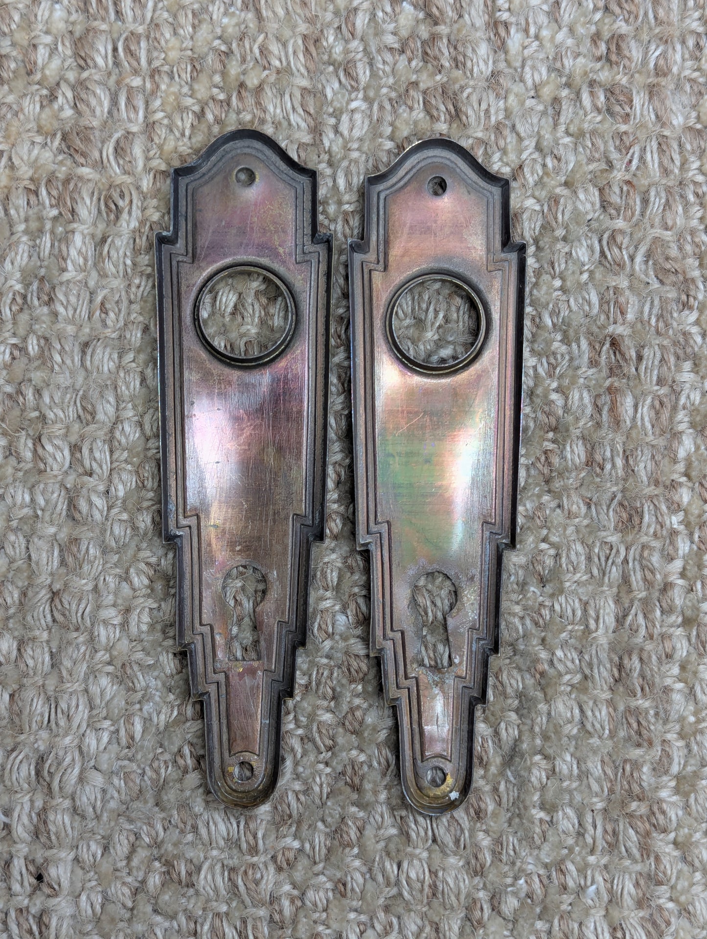 Pair of 2" x 5 1/2" Antique Stamped Brass Door Knob Plate Hardware