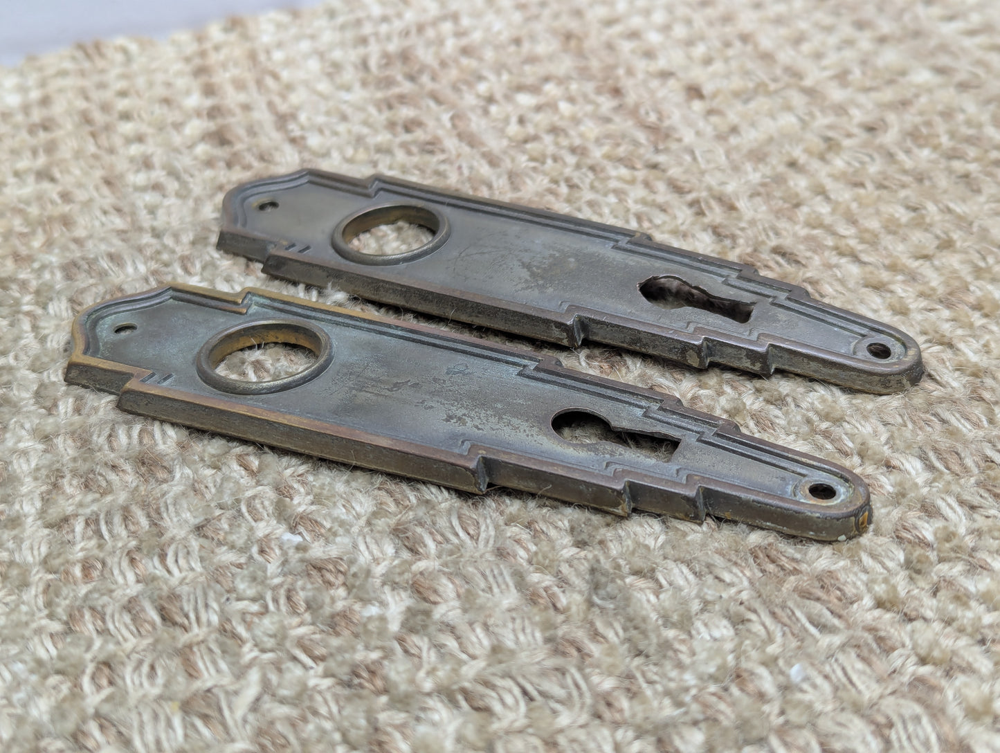 Pair of 2" x 5 1/2" Antique Stamped Brass Door Knob Plate Hardware