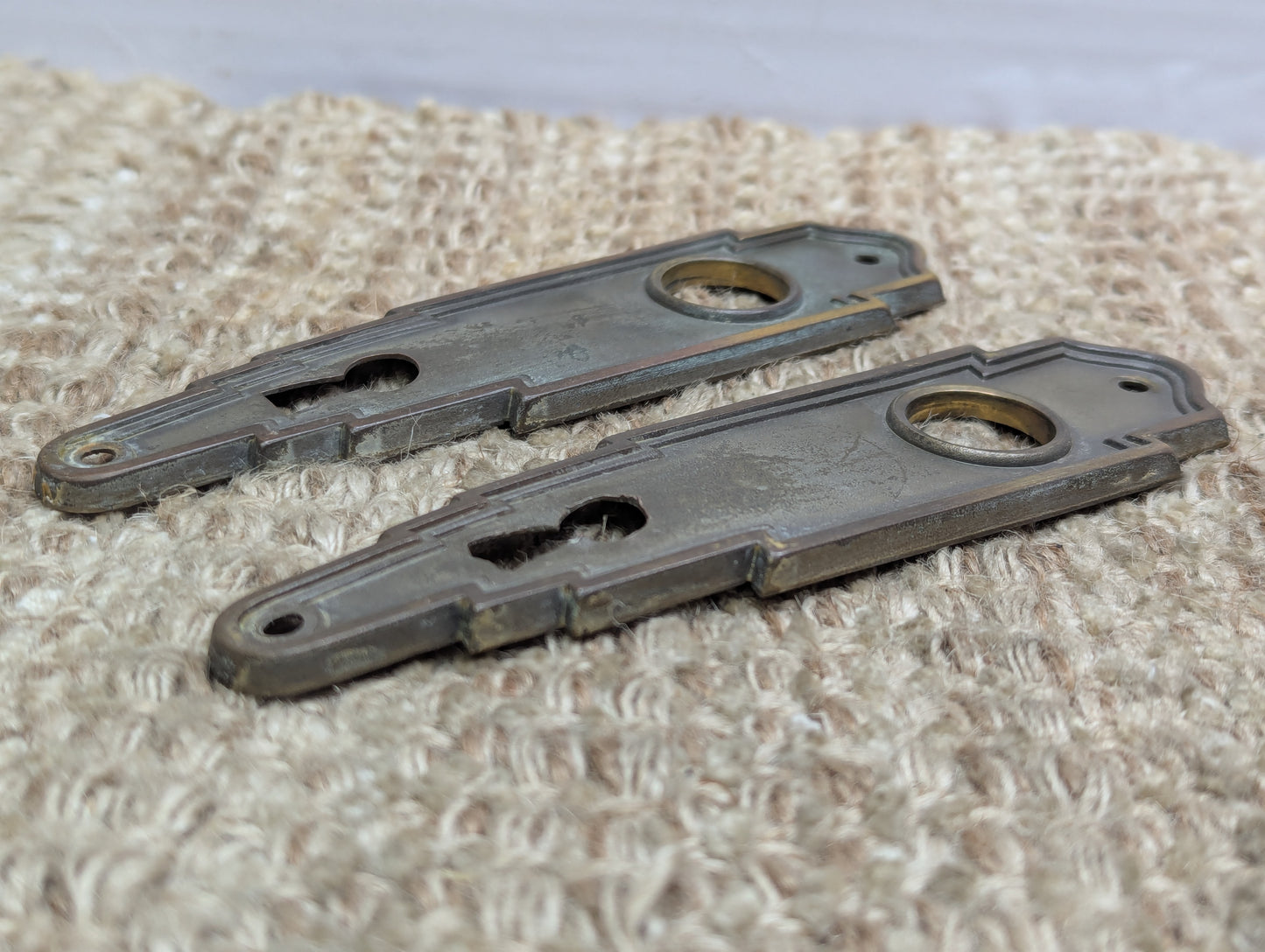Pair of 2" x 5 1/2" Antique Stamped Brass Door Knob Plate Hardware
