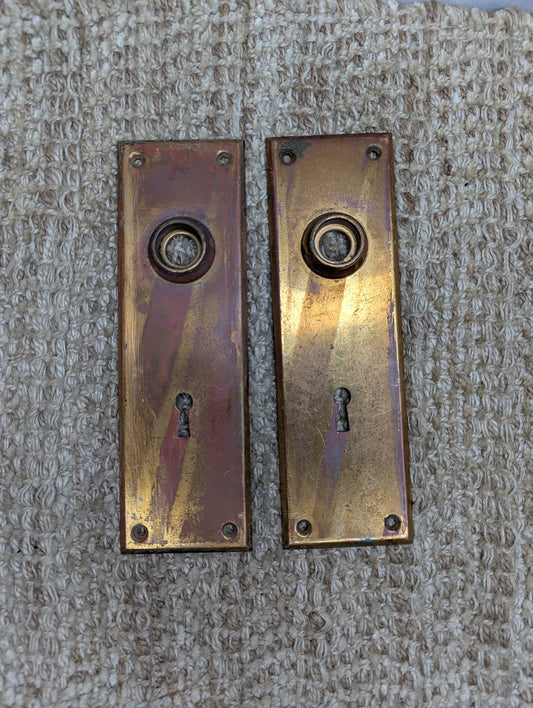 Pair of 2 1/4" x 7 1/8" Antique Stamped Brass Door Knob Plate Hardware