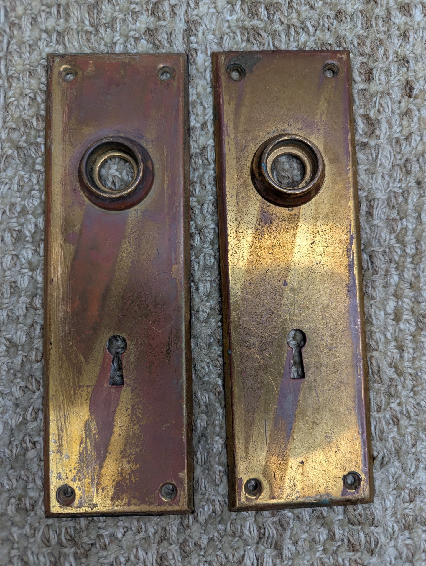 Pair of 2 1/4" x 7 1/8" Antique Stamped Brass Door Knob Plate Hardware