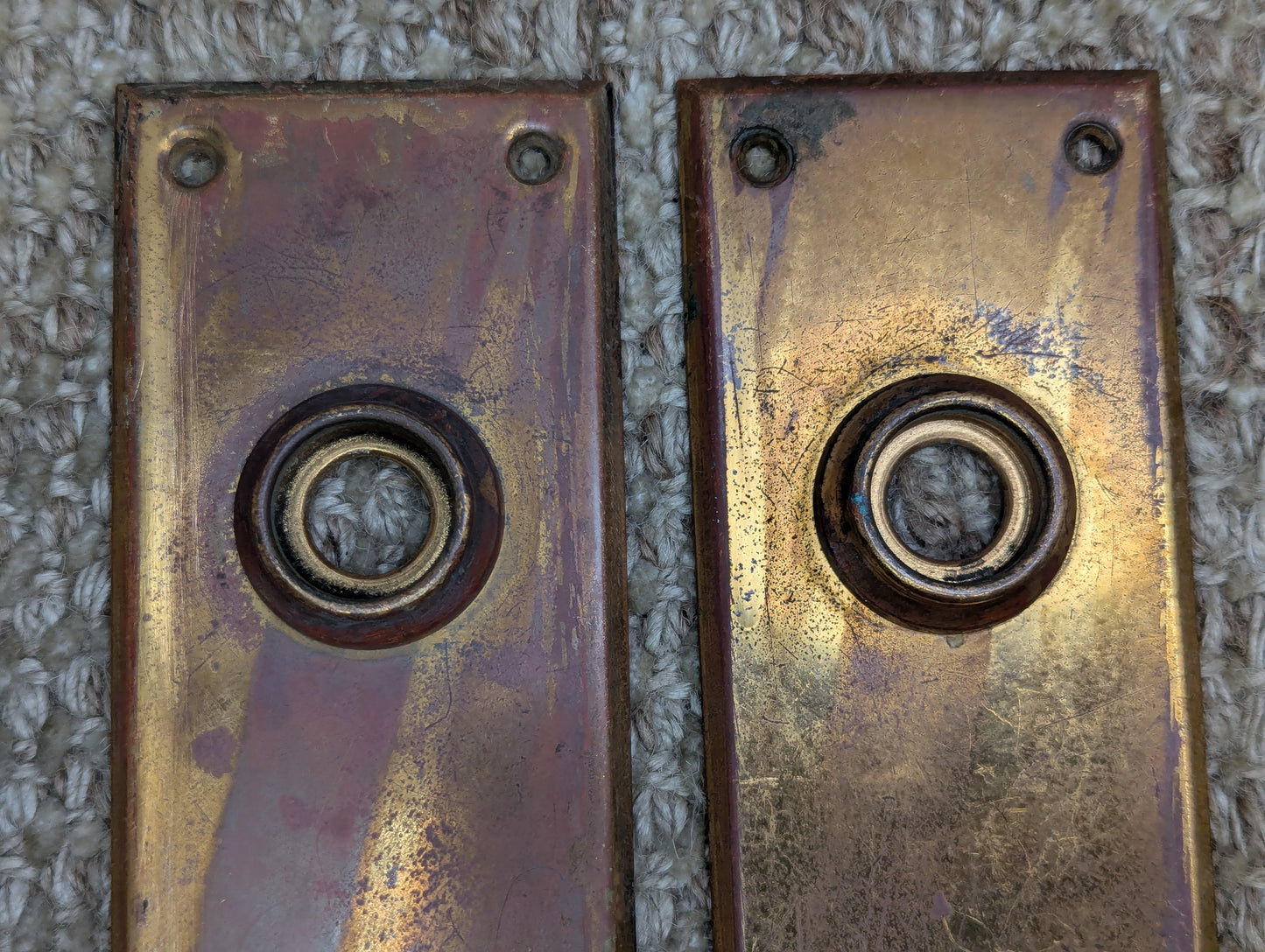 Pair of 2 1/4" x 7 1/8" Antique Stamped Brass Door Knob Plate Hardware