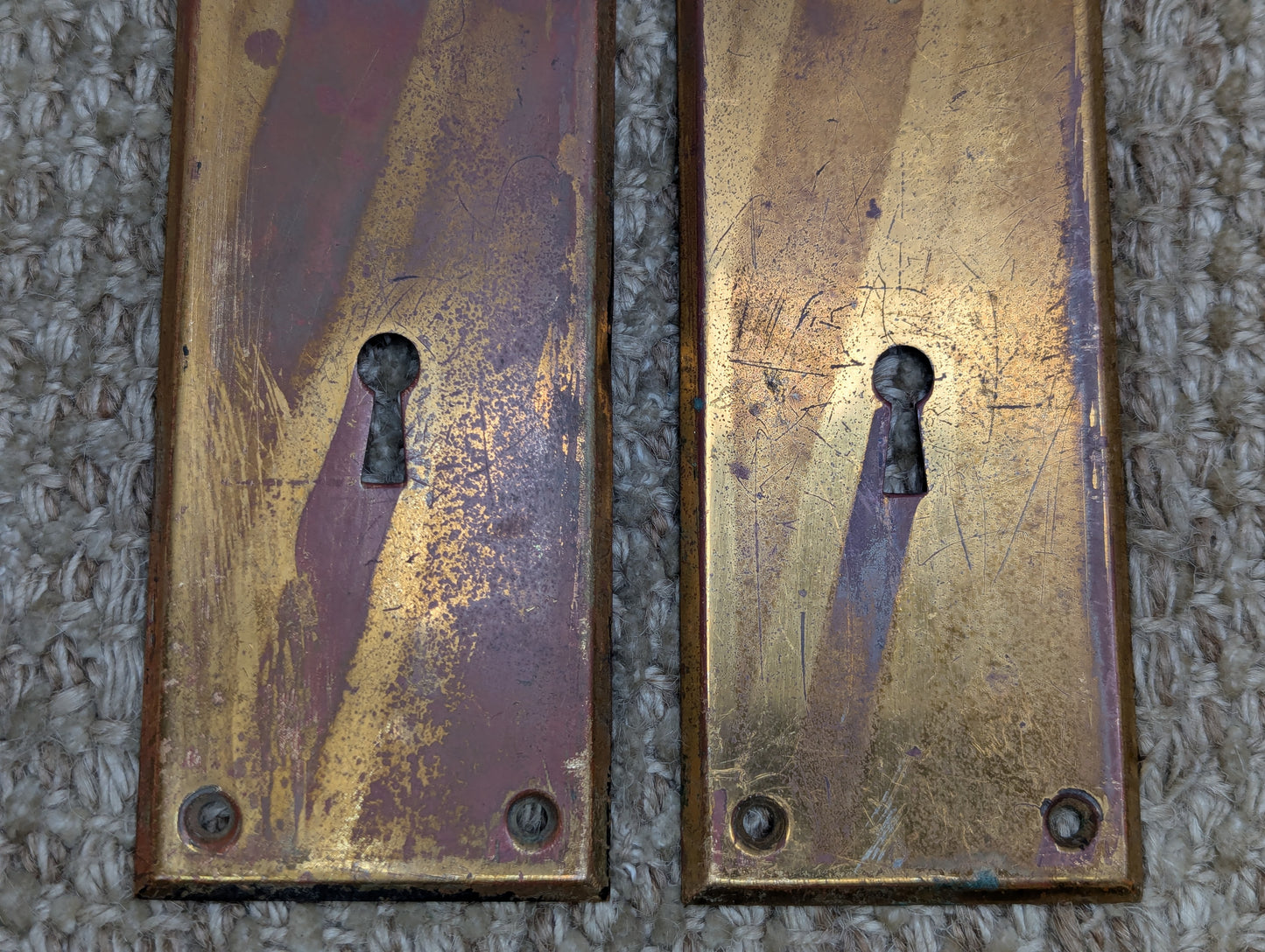 Pair of 2 1/4" x 7 1/8" Antique Stamped Brass Door Knob Plate Hardware