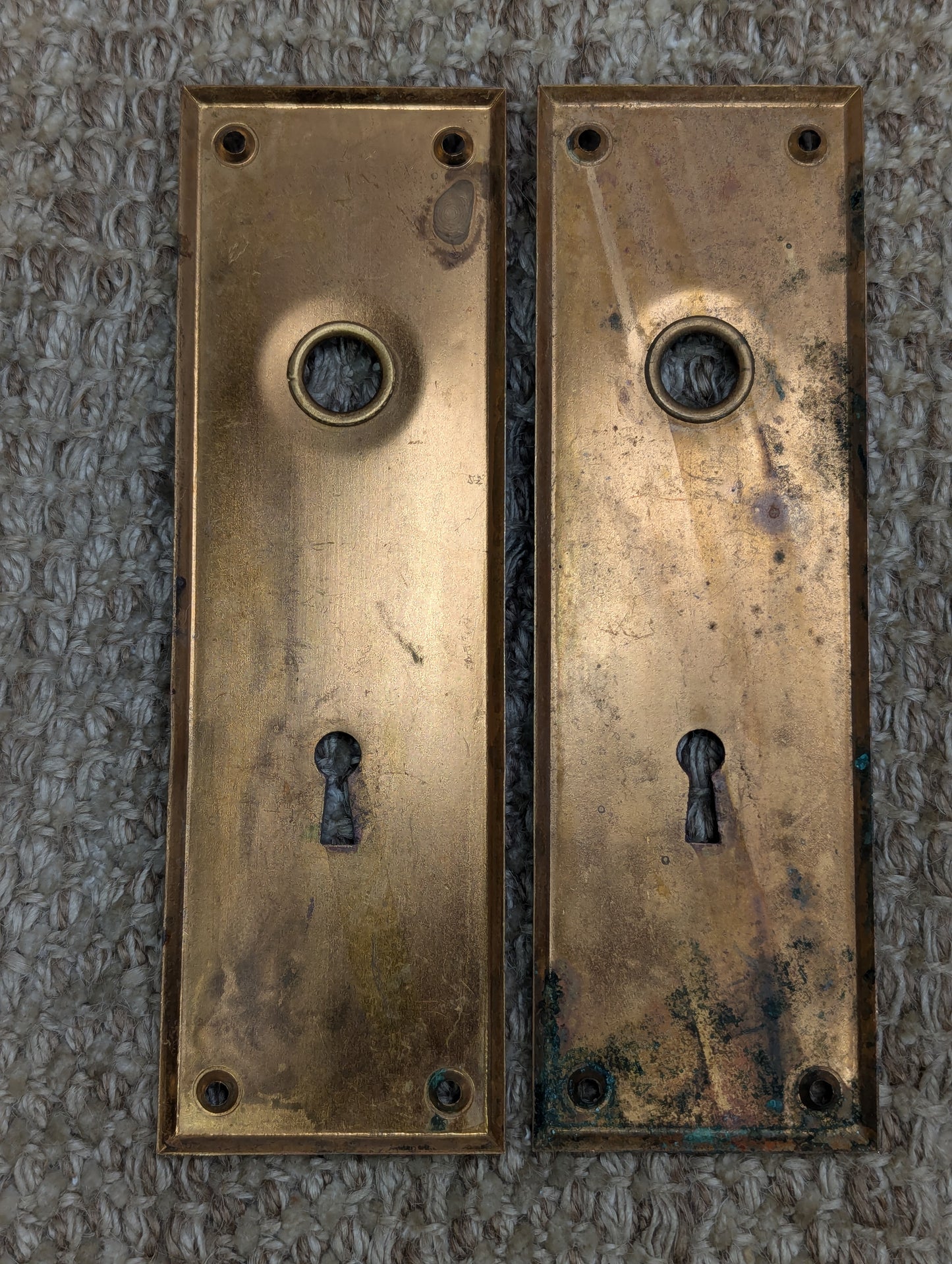 Pair of 2 1/4" x 7 1/8" Antique Stamped Brass Door Knob Plate Hardware