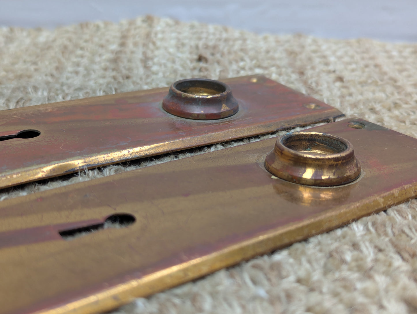 Pair of 2 1/4" x 7 1/8" Antique Stamped Brass Door Knob Plate Hardware