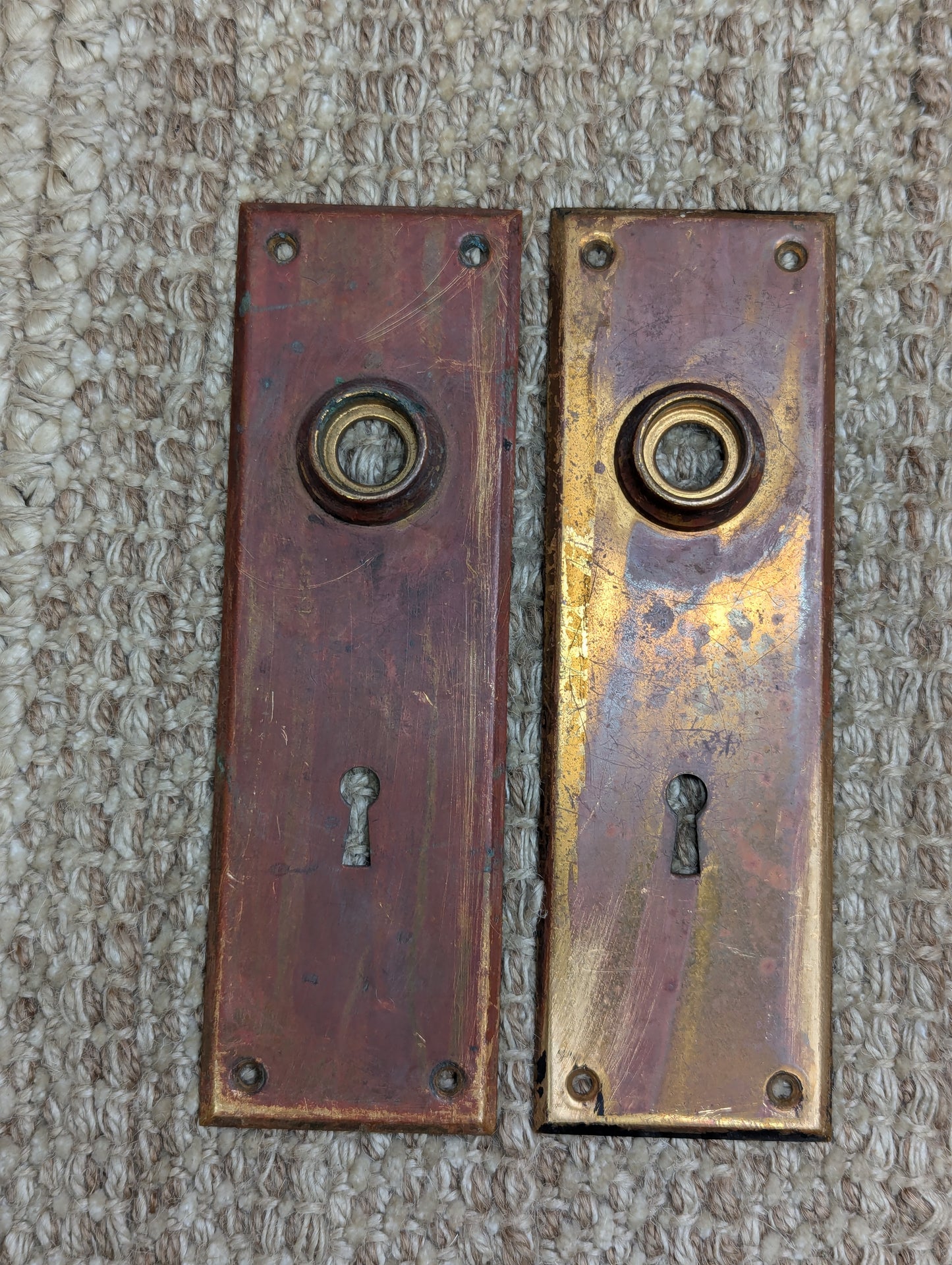 Pair of 2 1/4" x 7 1/8" Antique Stamped Brass Door Knob Plate Hardware