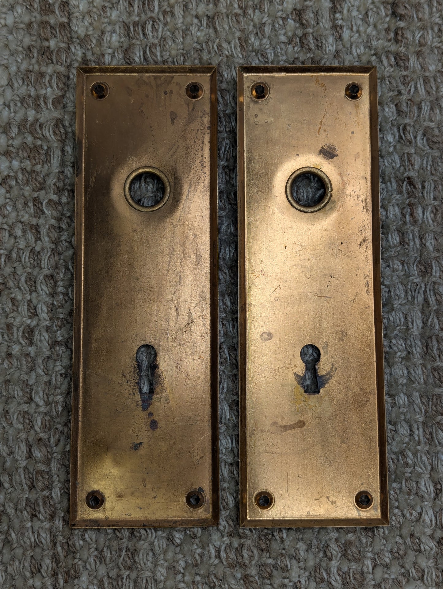 Pair of 2 1/4" x 7 1/8" Antique Stamped Brass Door Knob Plate Hardware