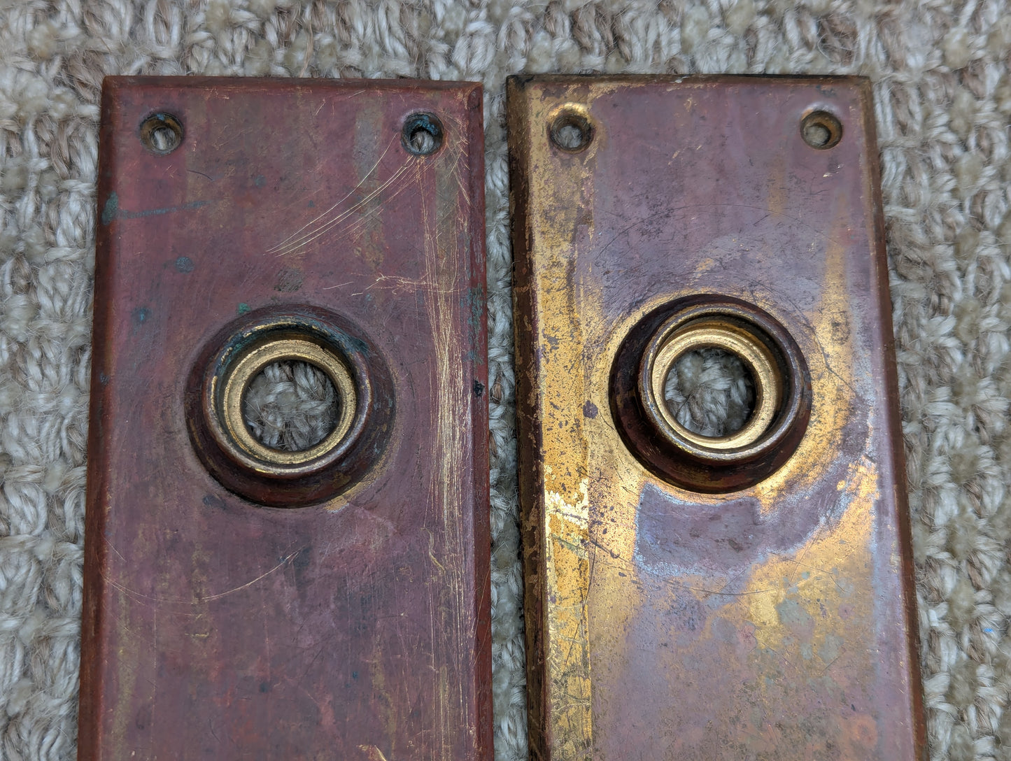 Pair of 2 1/4" x 7 1/8" Antique Stamped Brass Door Knob Plate Hardware