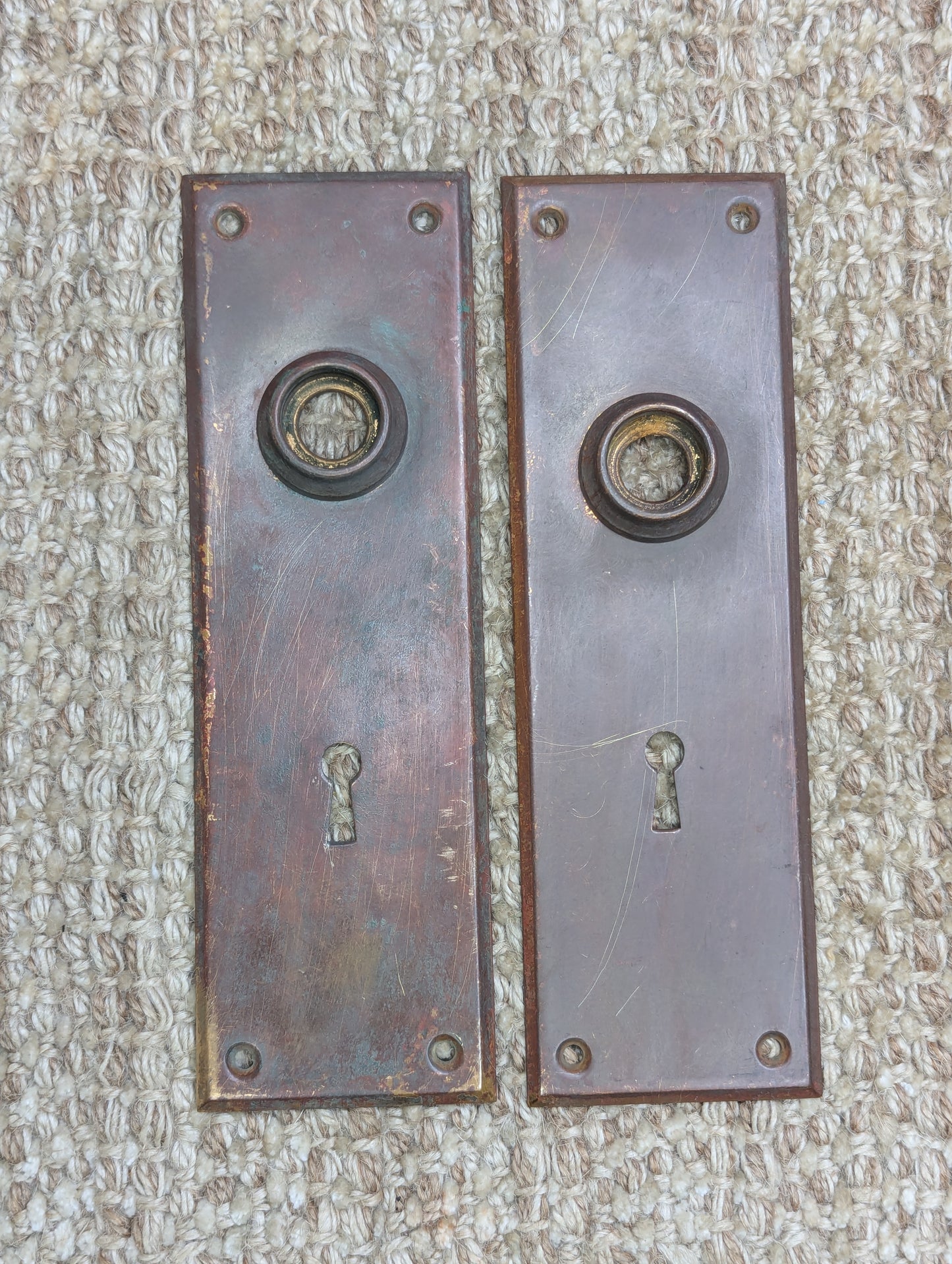 Pair of 2 1/4" x 7 1/8" Antique Stamped Brass Door Knob Plate Hardware