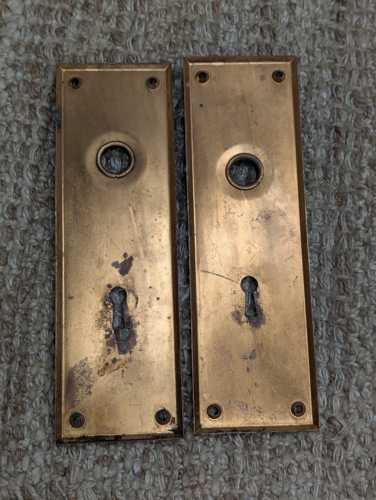 Pair of 2 1/4" x 7 1/8" Antique Stamped Brass Door Knob Plate Hardware