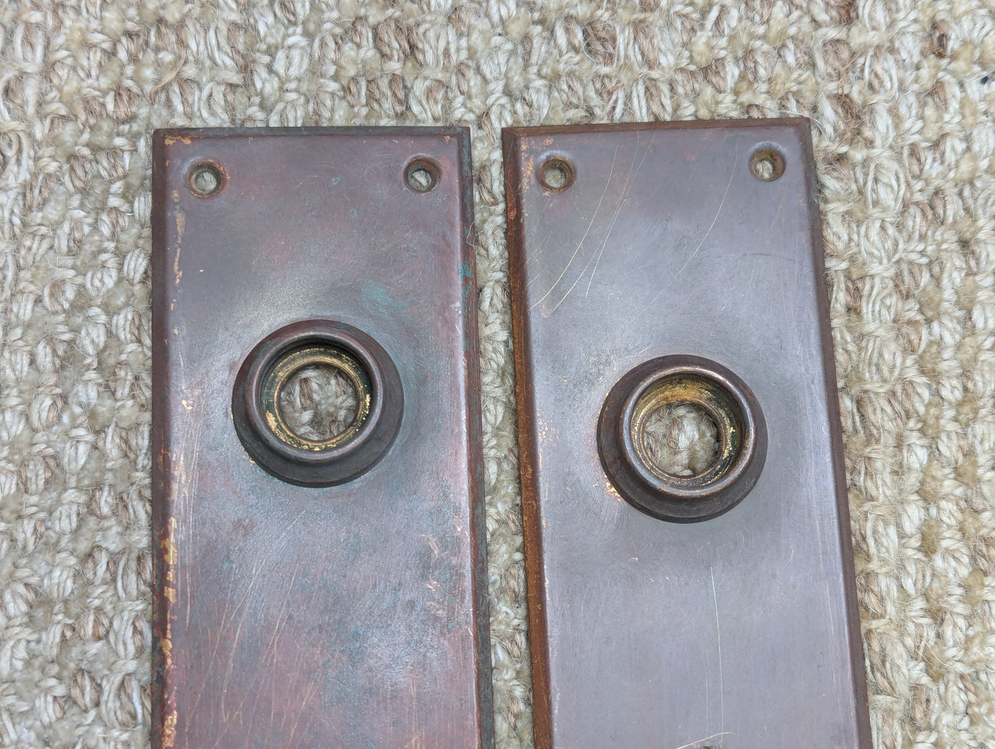 Pair of 2 1/4" x 7 1/8" Antique Stamped Brass Door Knob Plate Hardware