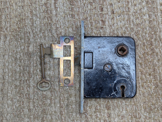 Antique Interior Mortise Lock Door Hardware Lid #15D With Key & Strike Plate
