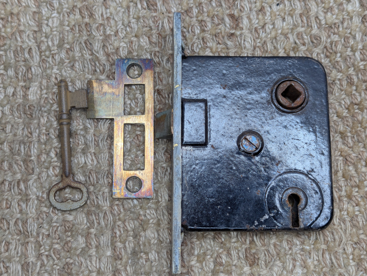 Antique Interior Mortise Lock Door Hardware Lid #15D With Key & Strike Plate
