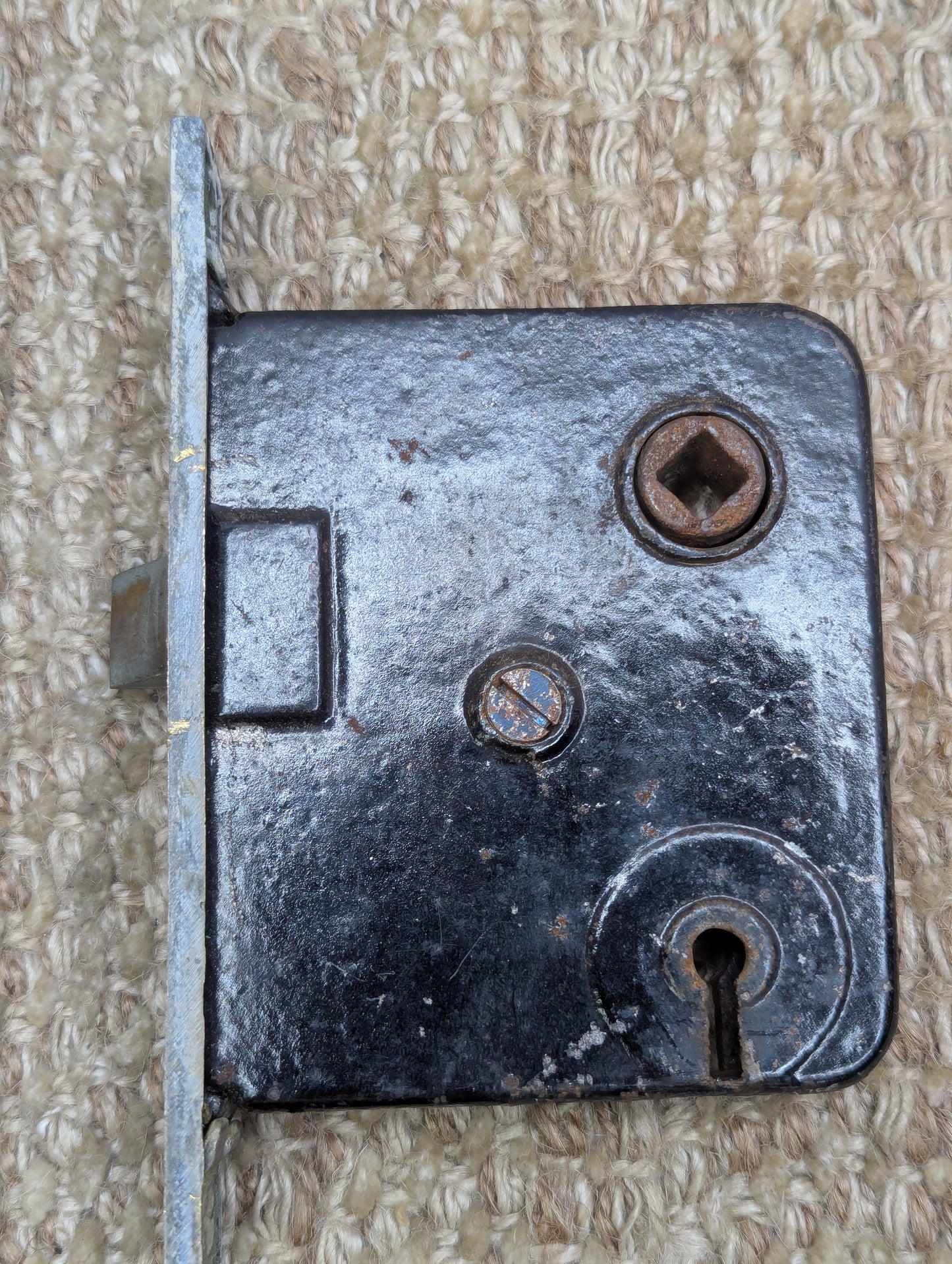 Antique Interior Mortise Lock Door Hardware Lid #15D With Key & Strike Plate