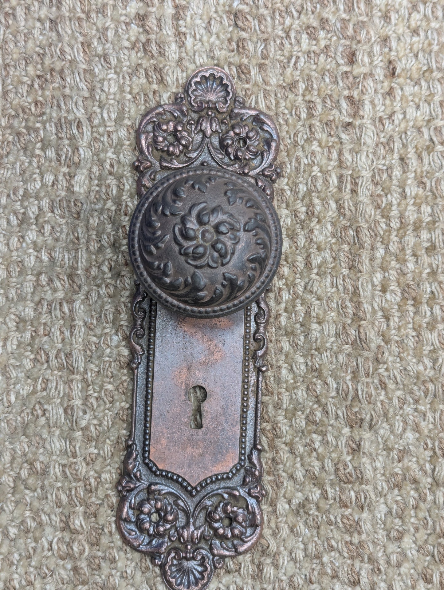 Antique Yale & Towne Monaco Cast Iron Door Knobs and Plates Set Circa 1905