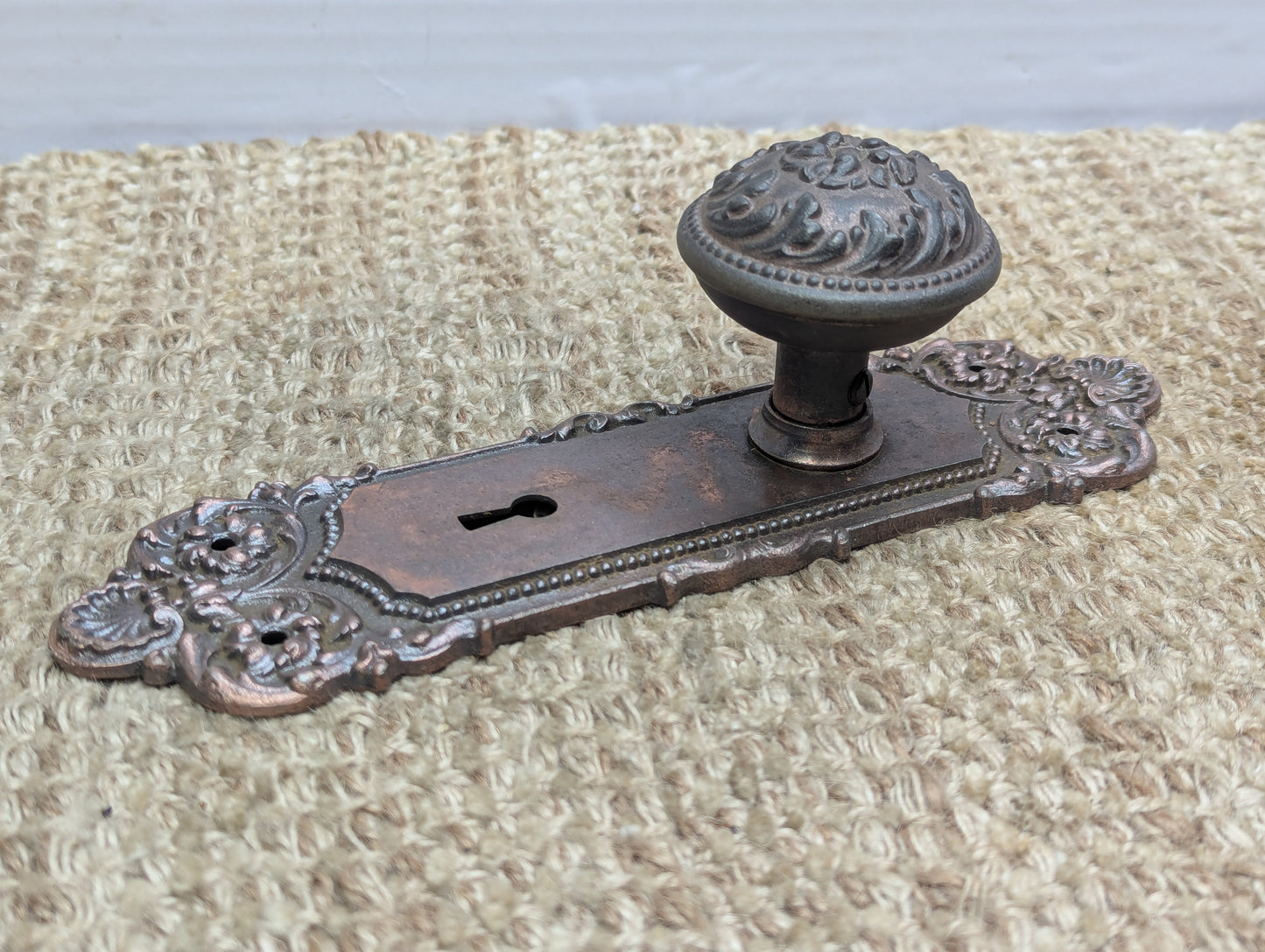 Antique Yale & Towne Monaco Cast Iron Door Knobs and Plates Set Circa 1905