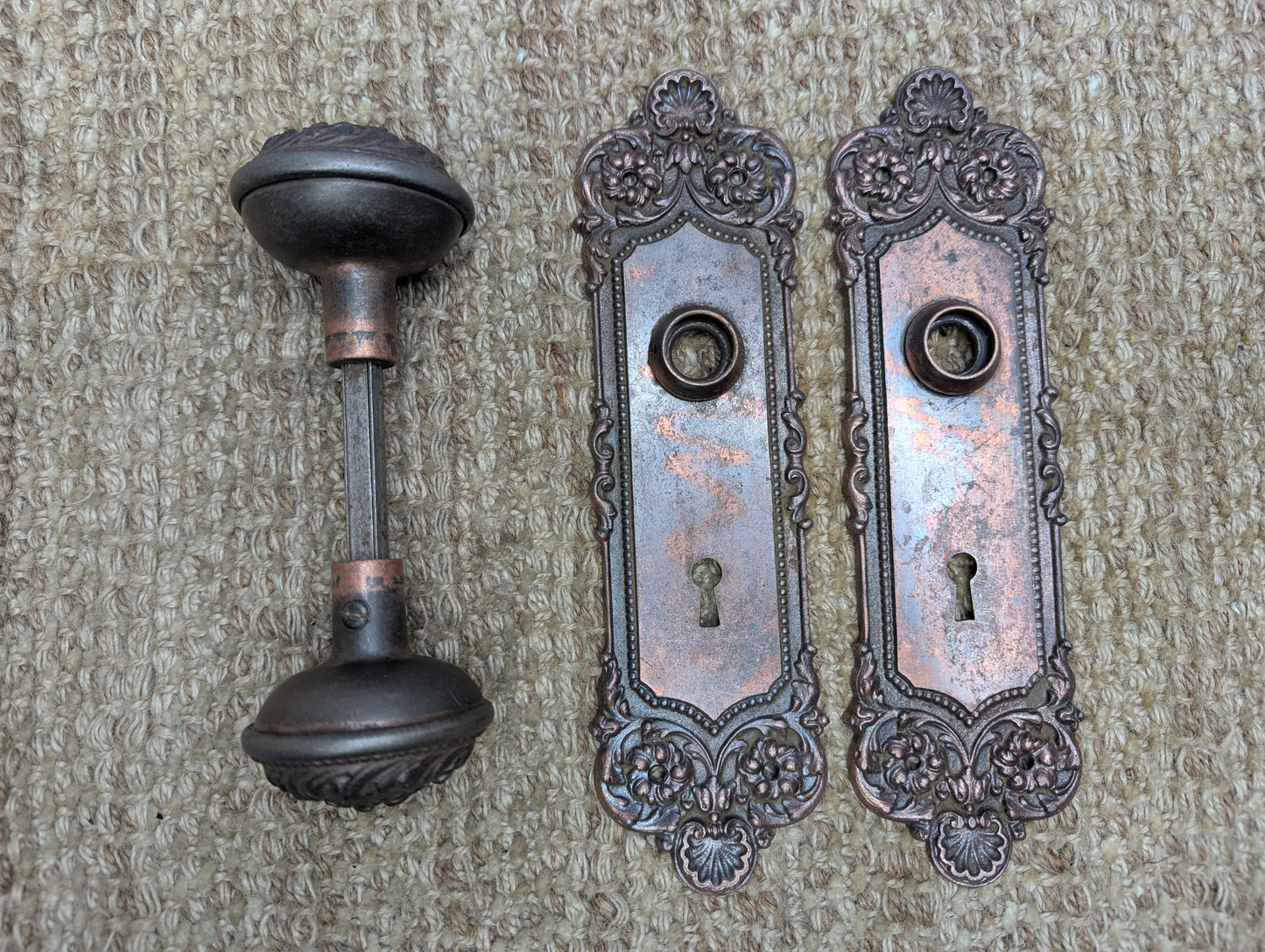Antique Yale & Towne Monaco Cast Iron Door Knobs and Plates Set Circa 1905