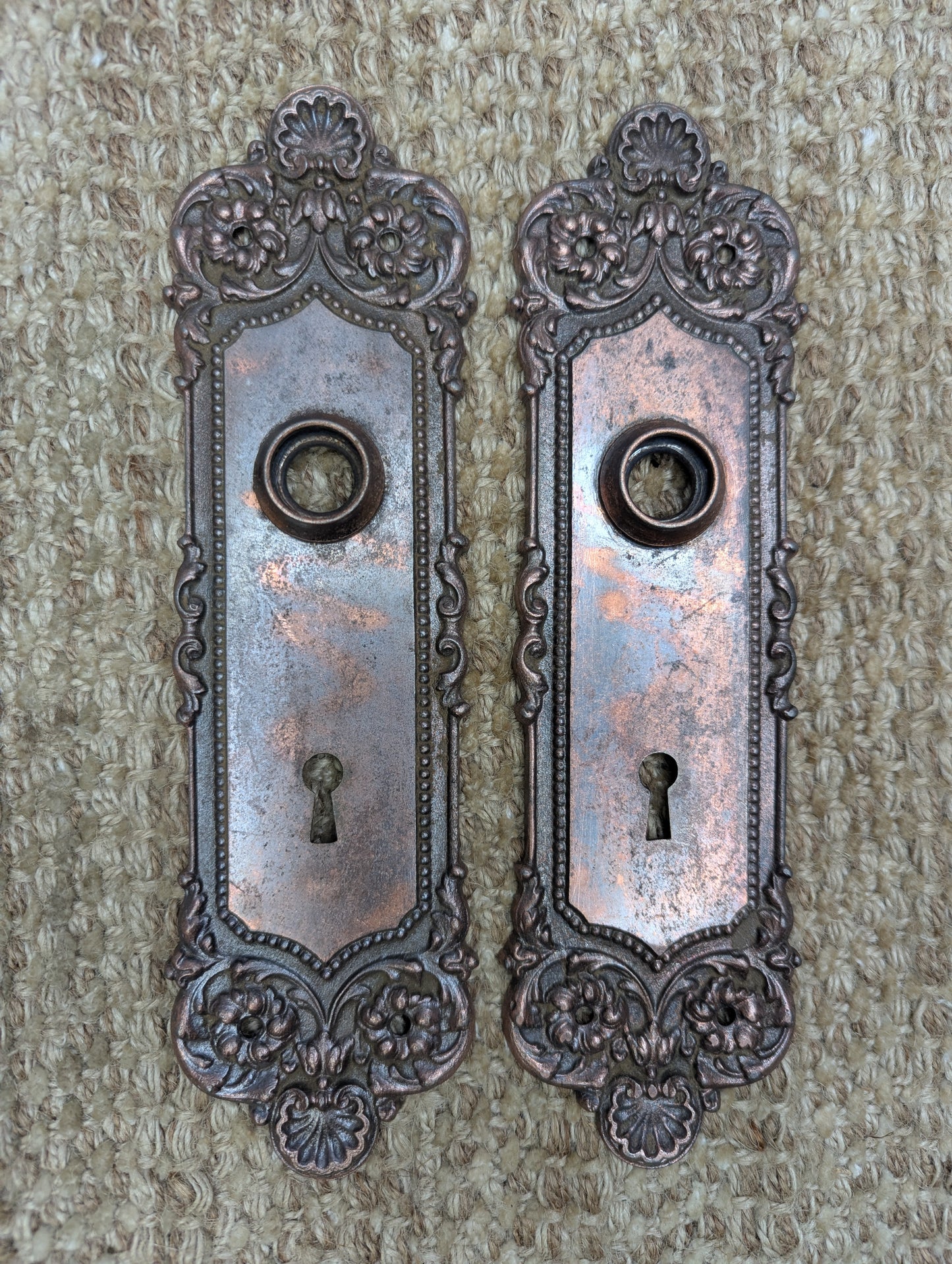 Antique Yale & Towne Monaco Cast Iron Door Knobs and Plates Set Circa 1905